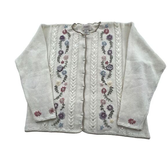 Jenny Vintage floral button down Sweater with pearl buttons cotton / Ramie (gra - Picture 8 of 12